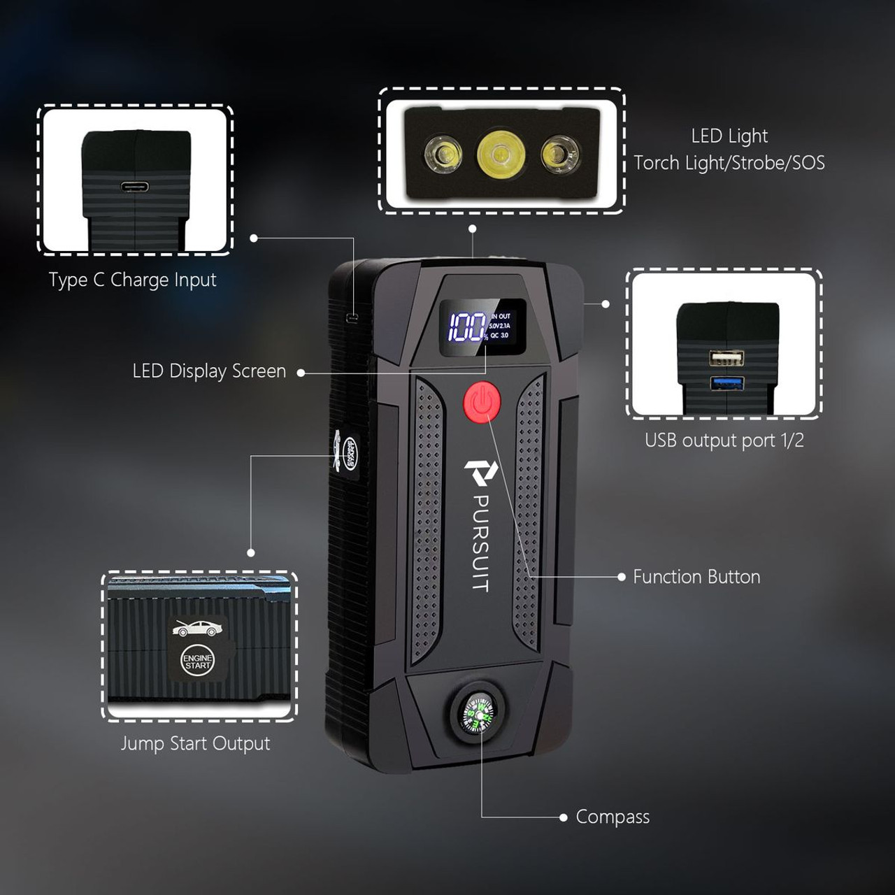 PURSUIT 1,000A Peak 12V Car Jump Starter with LCD (1 or 2-Pack) product image