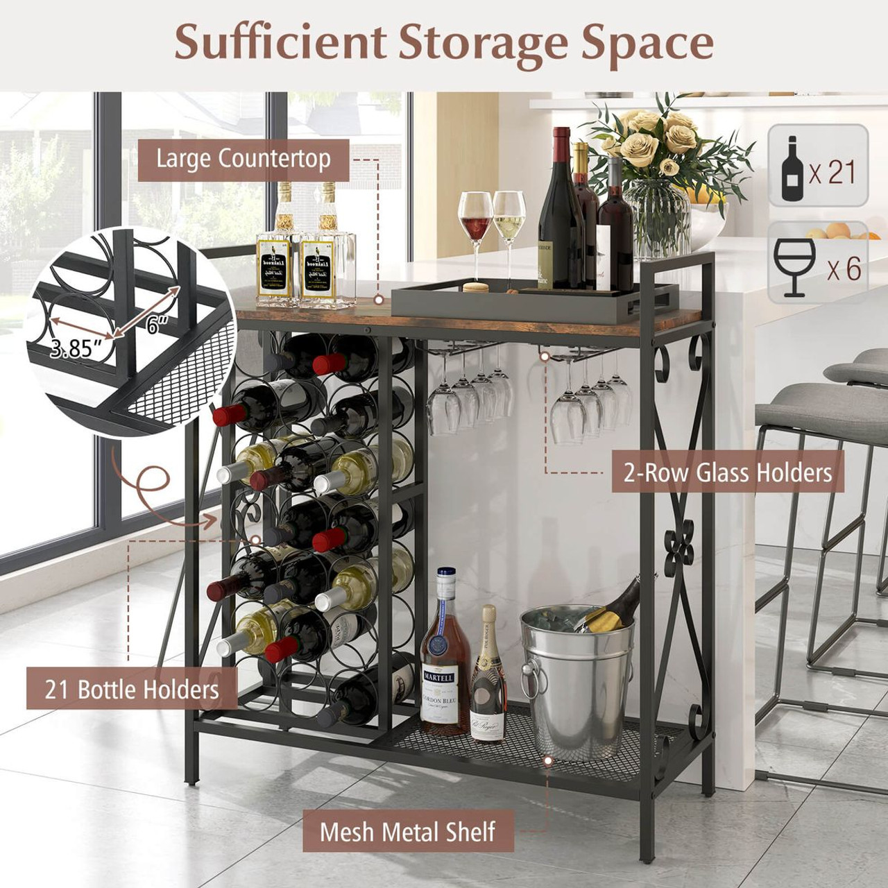 21-Bottle Wine Rack Organizer with 2-Row Slant Glass Holders product image