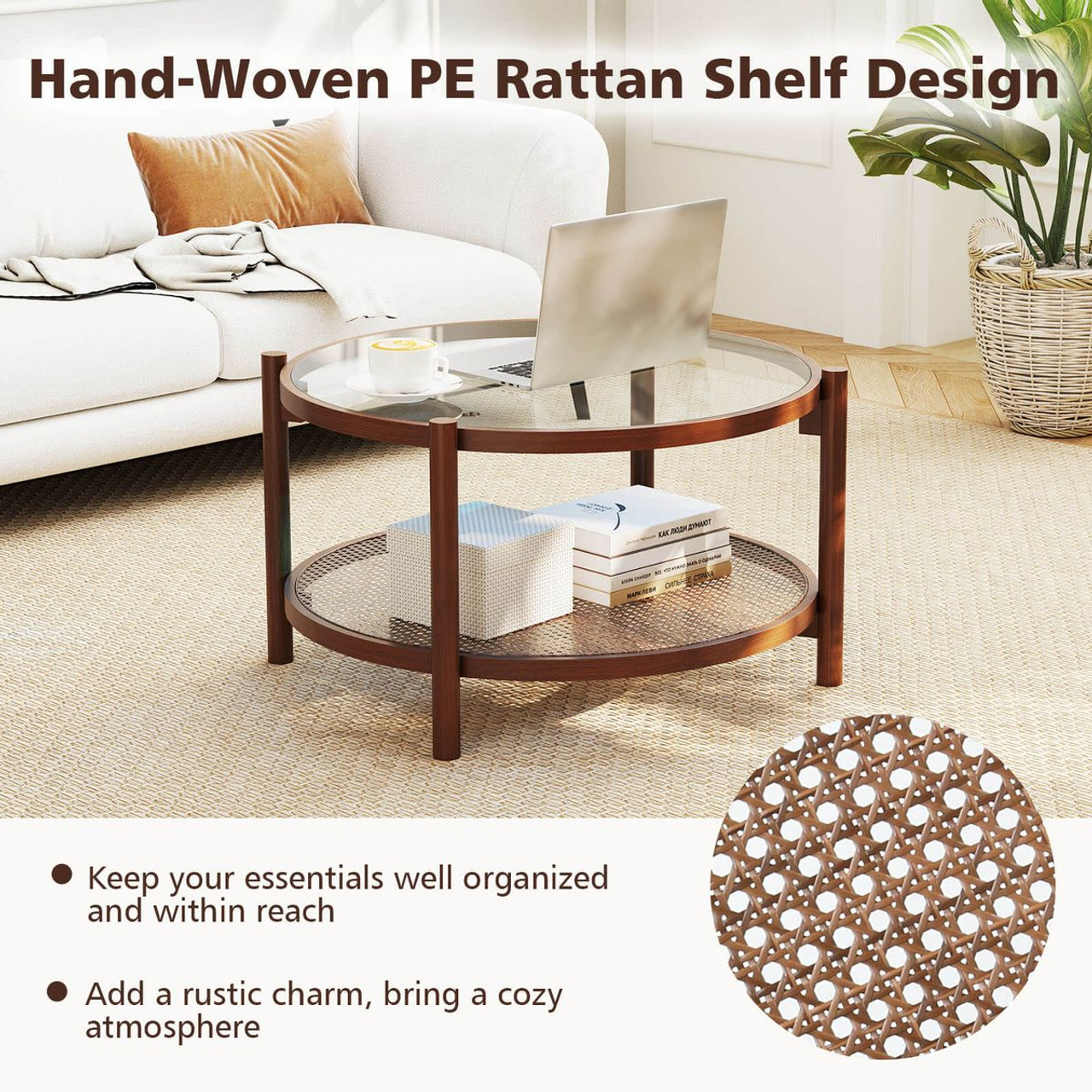 31" Wooden Round Coffee Table with Tempered Glass Top  product image