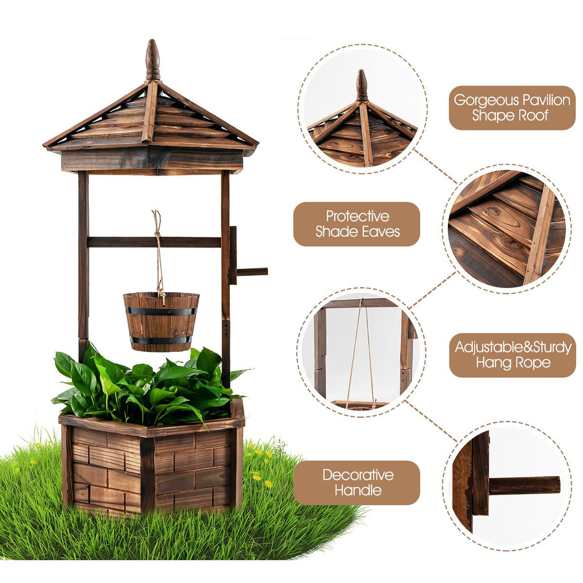 Rustic Wooden Wishing Well with Adjustable Hanging Bucket product image