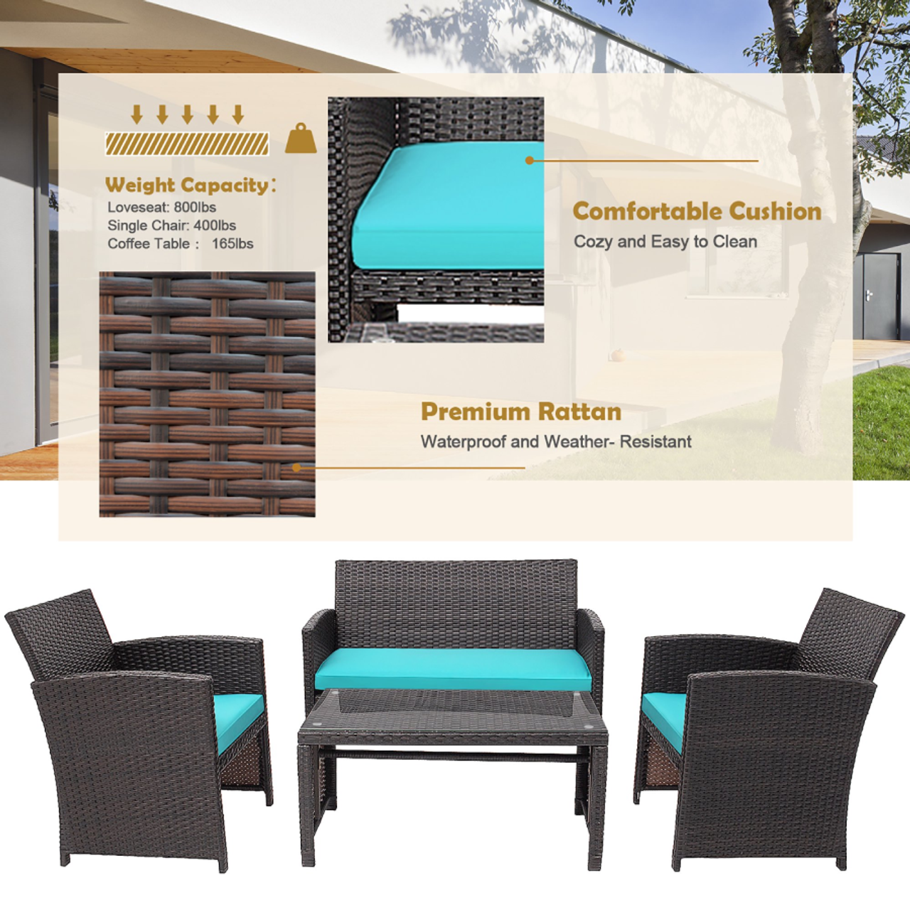 Rattan 4-Piece Curved Back Patio Furniture Set product image