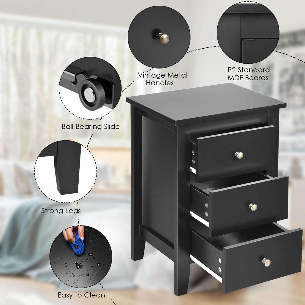 Nightstand Bedside Table with 3 Drawers and Large Storage Space product image