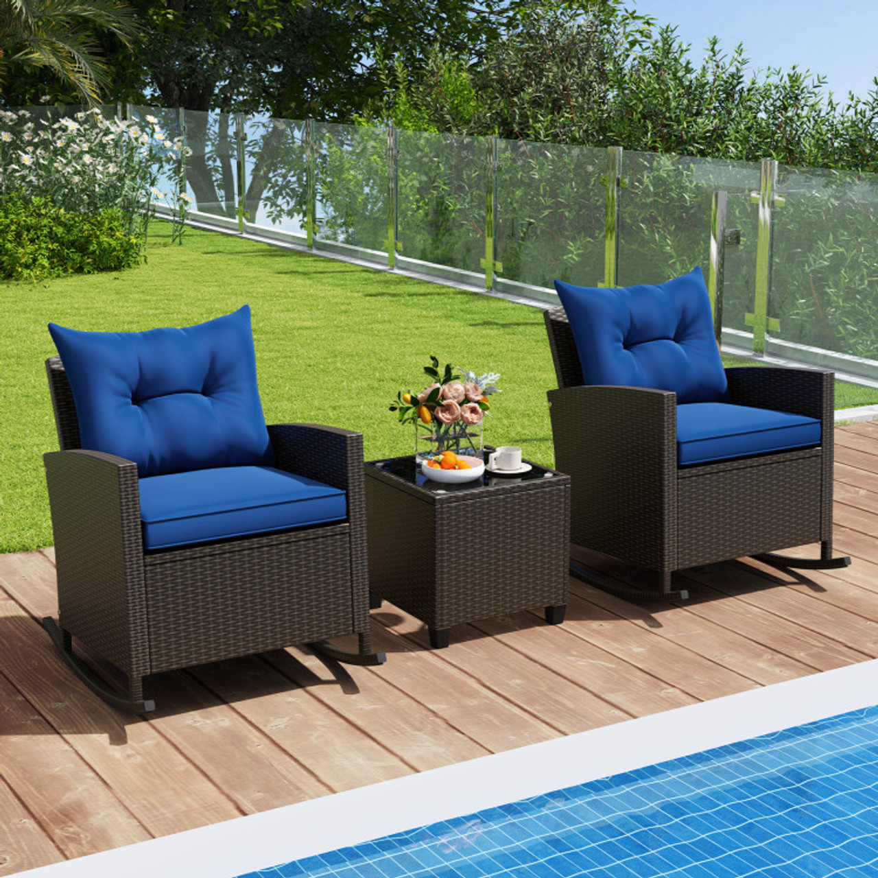 3-Piece Patio Rattan Rocking Chair Set with Tempered Glass Table & Soft Cushions product image