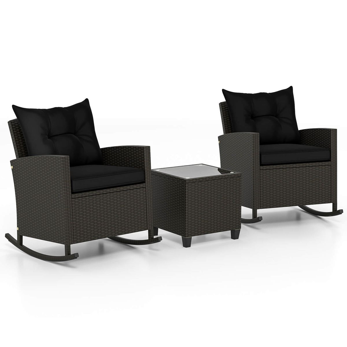 3-Piece Patio Rattan Rocking Chair Set with Tempered Glass Table & Soft Cushions product image