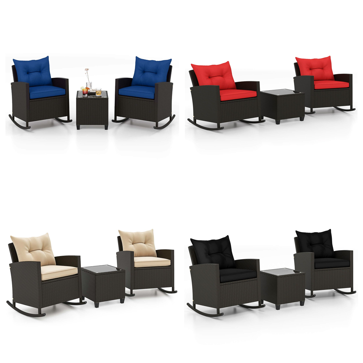 3-Piece Patio Rattan Rocking Chair Set with Tempered Glass Table & Soft Cushions product image