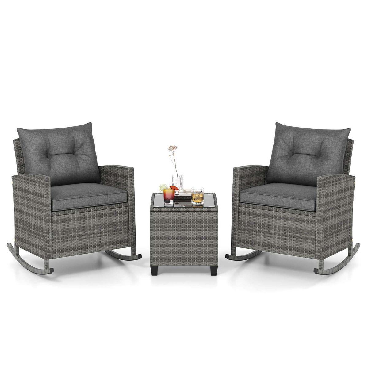3-Piece Patio Rattan Rocking Chair Set with Tempered Glass Table & Soft Cushions product image