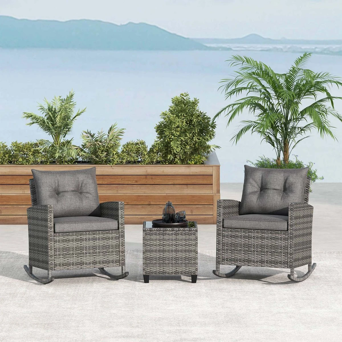 3-Piece Patio Rattan Rocking Chair Set with Tempered Glass Table & Soft Cushions product image