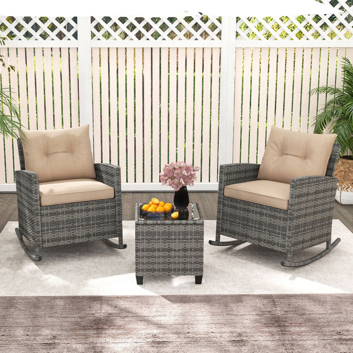 3-Piece Patio Rattan Rocking Chair Set with Tempered Glass Table & Soft Cushions product image