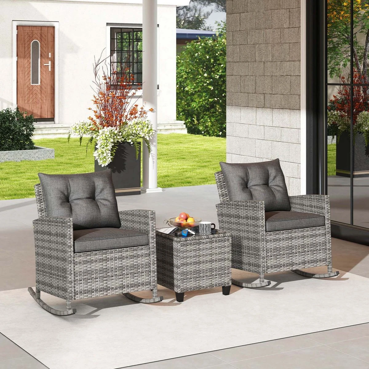 3-Piece Patio Rattan Rocking Chair Set with Tempered Glass Table & Soft Cushions product image