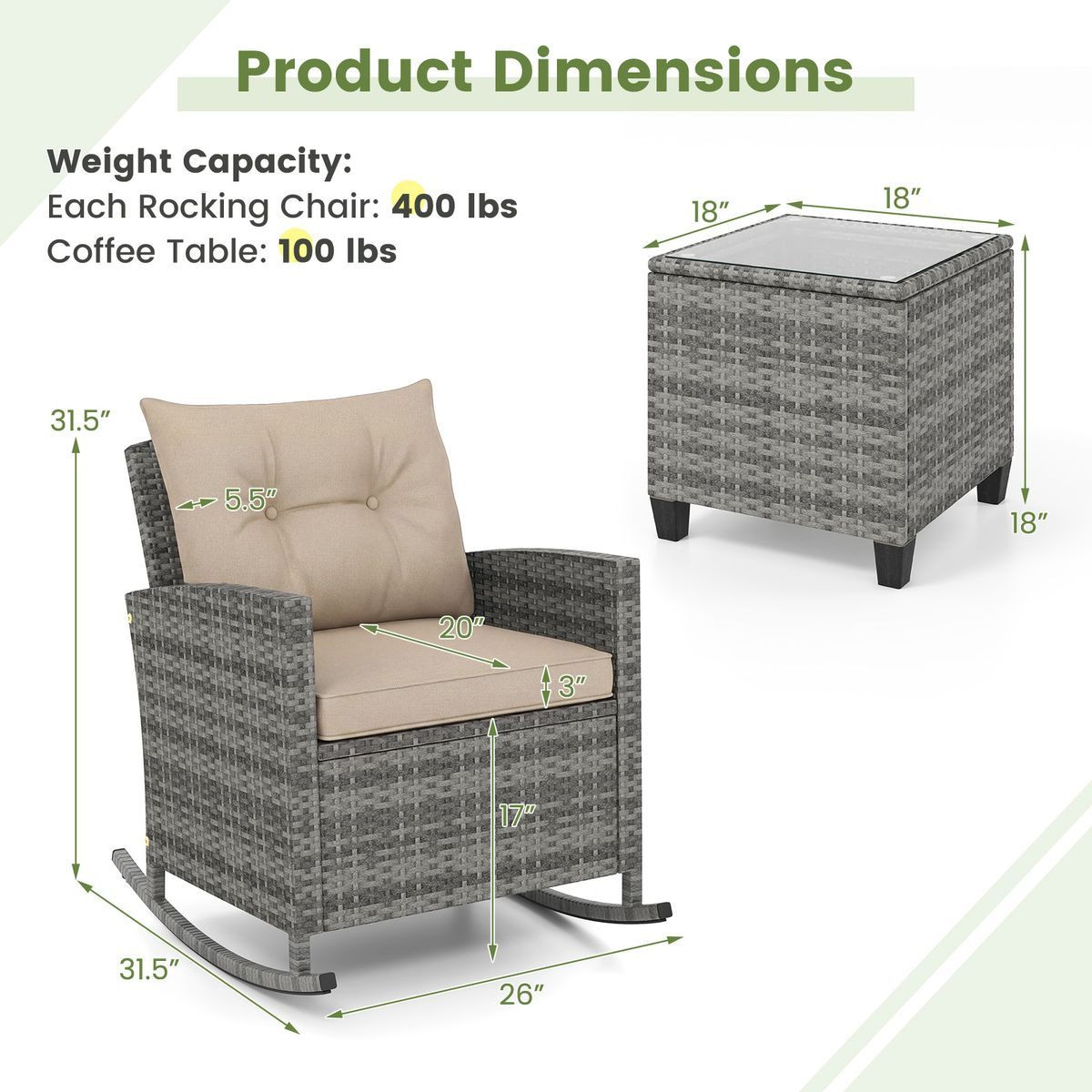 3-Piece Patio Rattan Rocking Chair Set with Tempered Glass Table & Soft Cushions product image