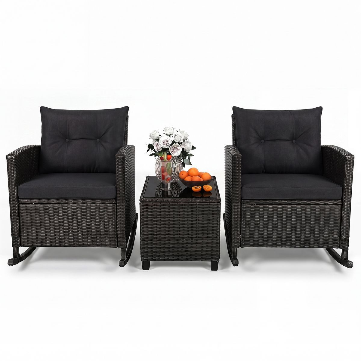3-Piece Patio Rattan Rocking Chair Set with Tempered Glass Table & Soft Cushions product image