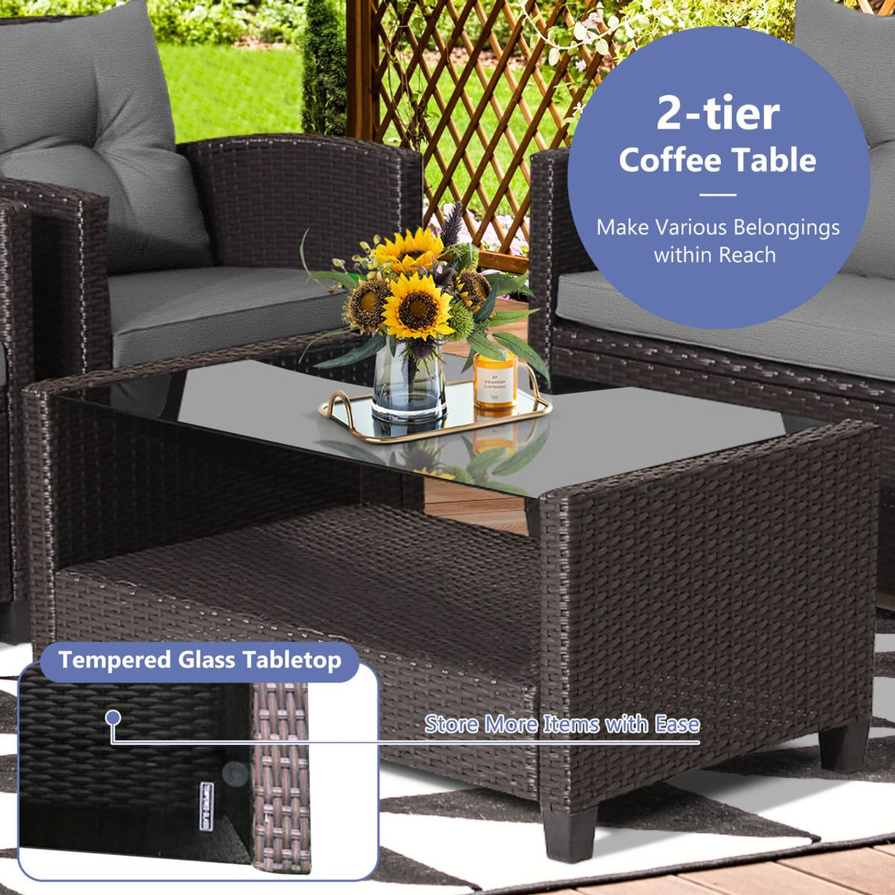 4-Piece Patio Rattan Furniture Set with 2-Tier Coffee Table product image