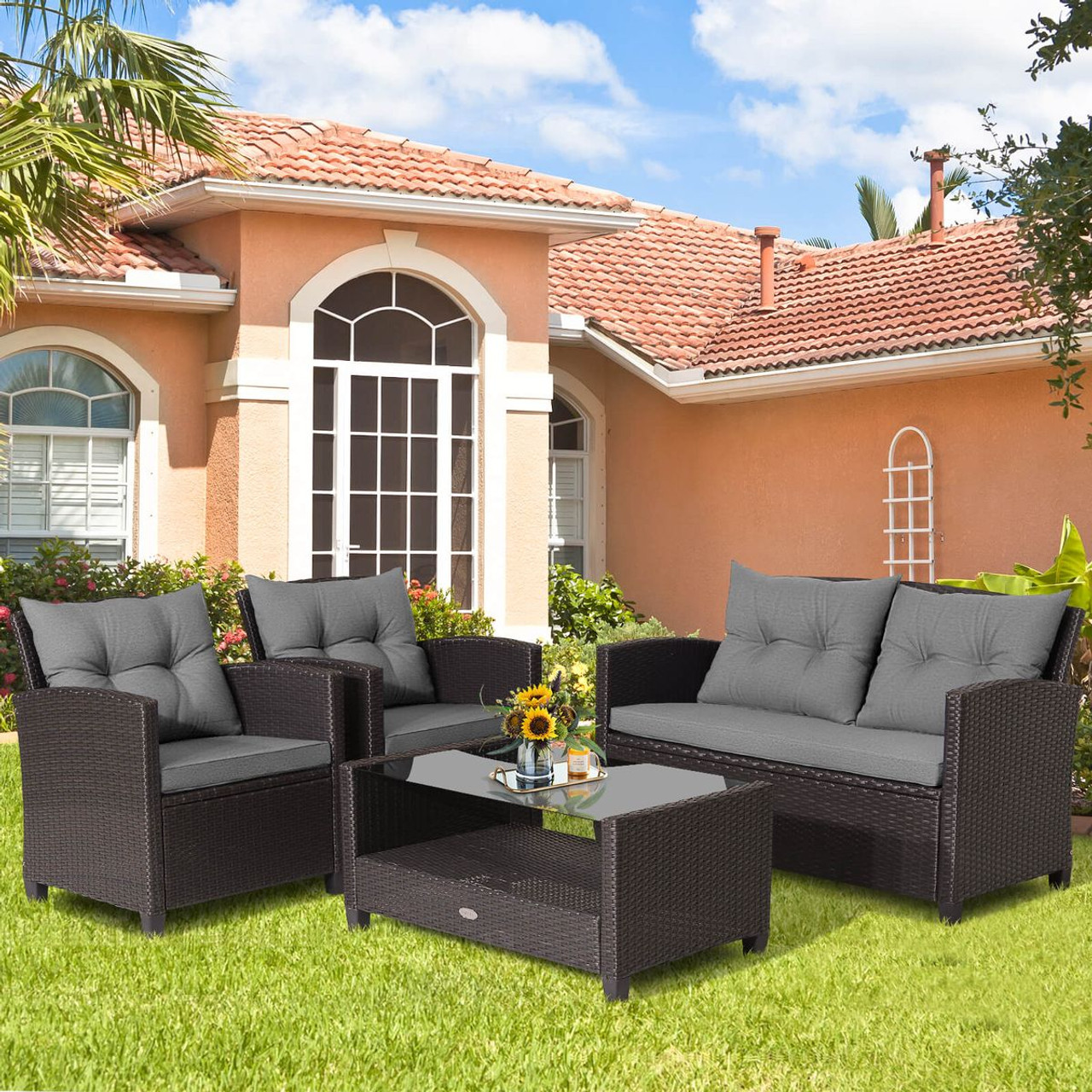 4-Piece Patio Rattan Furniture Set with 2-Tier Coffee Table product image
