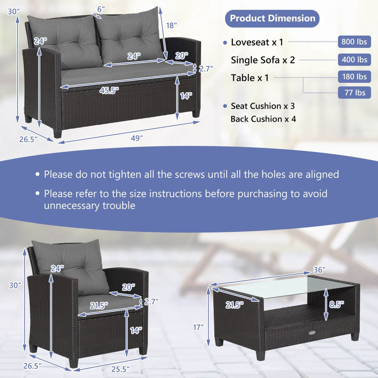 4-Piece Patio Rattan Furniture Set with 2-Tier Coffee Table product image