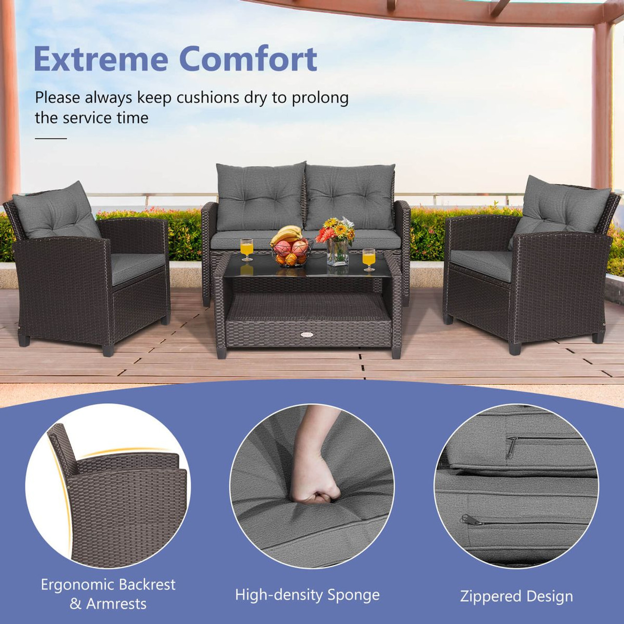 4-Piece Patio Rattan Furniture Set with 2-Tier Coffee Table product image