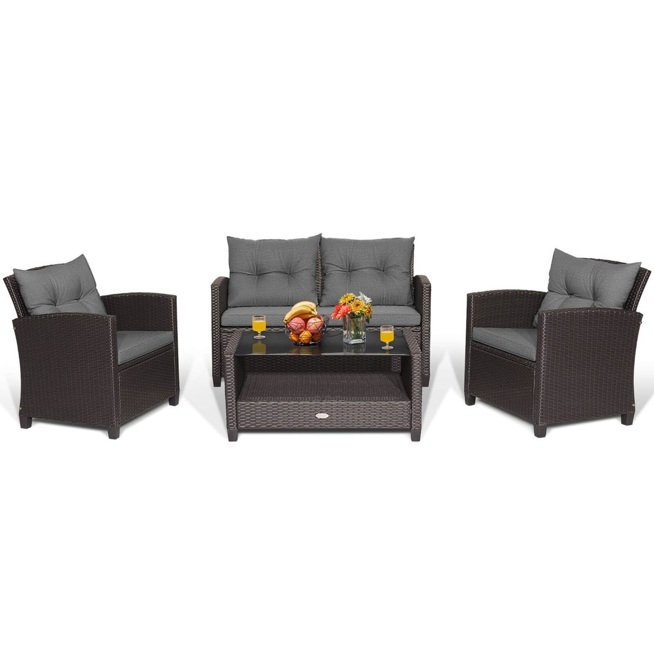 4-Piece Patio Rattan Furniture Set with 2-Tier Coffee Table product image