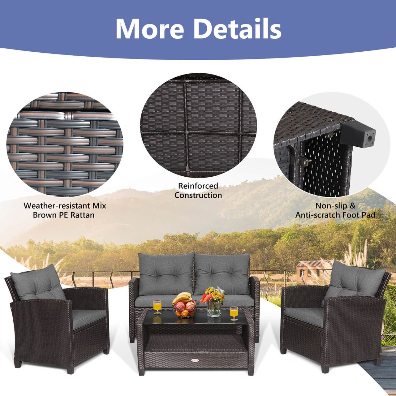 4-Piece Patio Rattan Furniture Set with 2-Tier Coffee Table product image