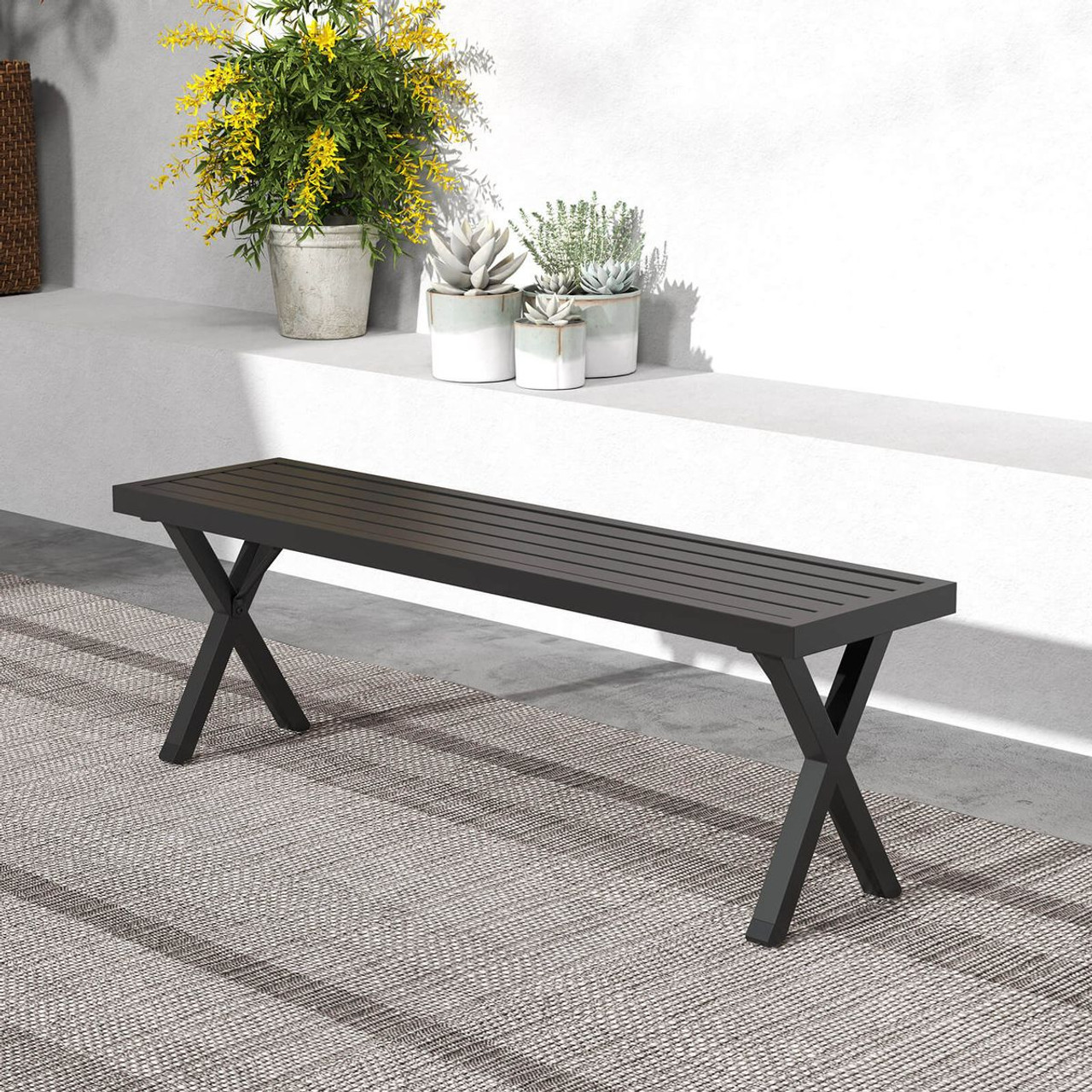 54" Patio Metal Bench with Slatted Seat and X-Shaped Legs product image