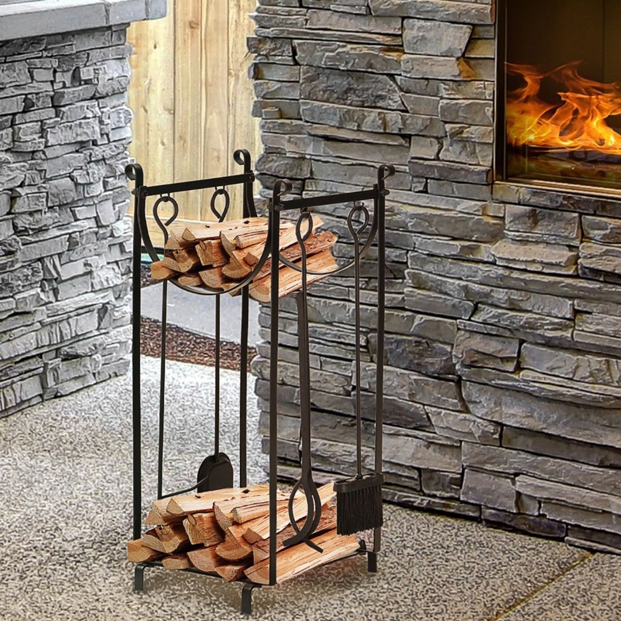 2-Tier Firewood Holder with Shovel, Brush, Poker, and Tongs product image