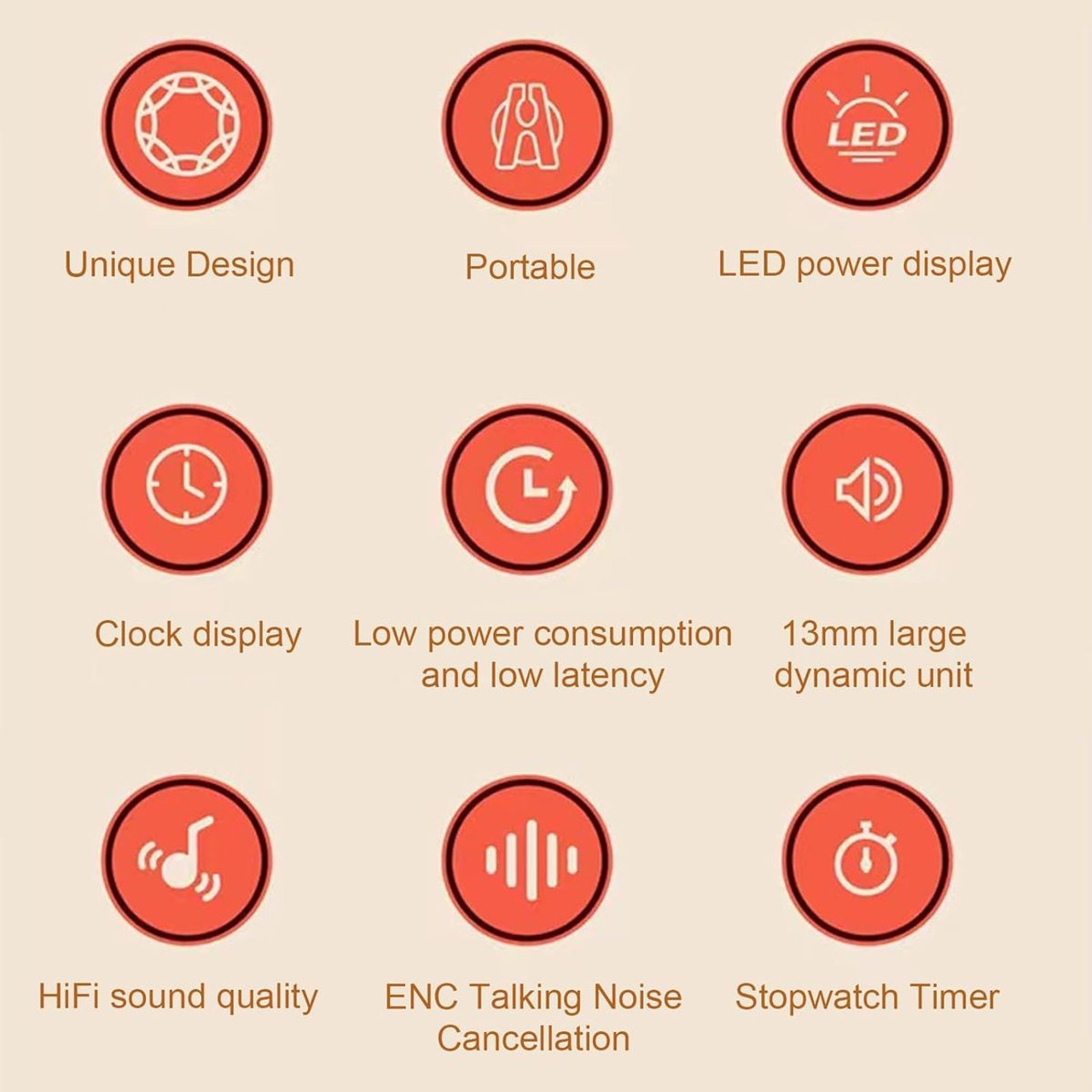 Wireless Earbuds Earphone , Retro ENC Noise Reduction Stereo Sound 5.2 with LED Power Display, For Sports Game (Orange) product image Wireless Earbuds Earphone , Retro ENC Noise Reduction Stereo Sound 5.2 with LED Power Display, For Sports Game (Orange) product image
