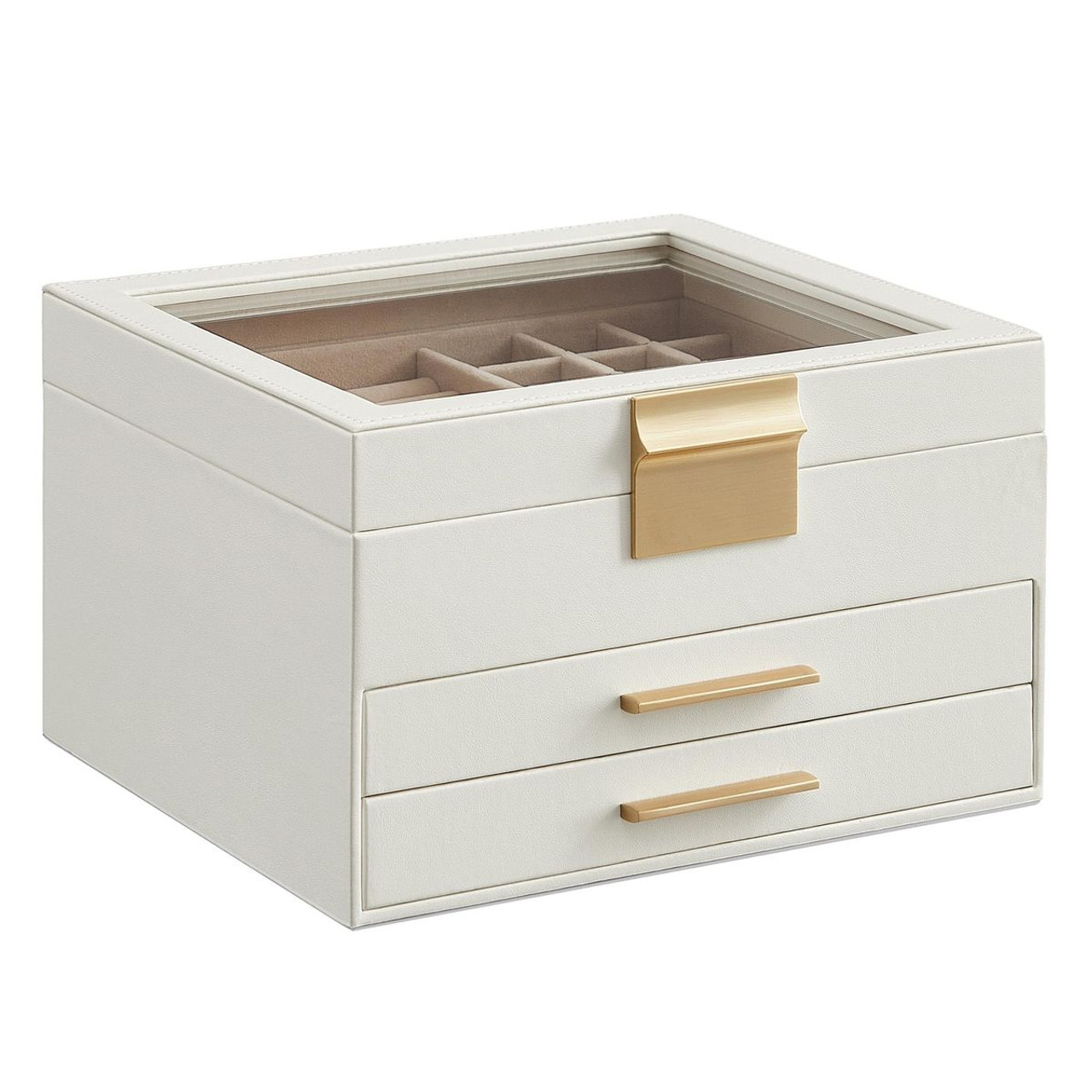 Glass Lid Jewelry Box with 3-Layer Organizer and 2 Drawers product image