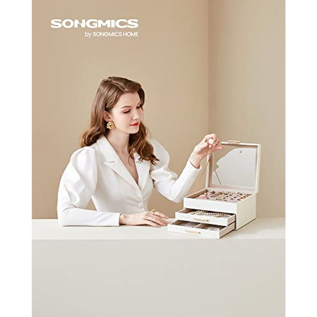 Glass Lid Jewelry Box with 3-Layer Organizer and 2 Drawers product image