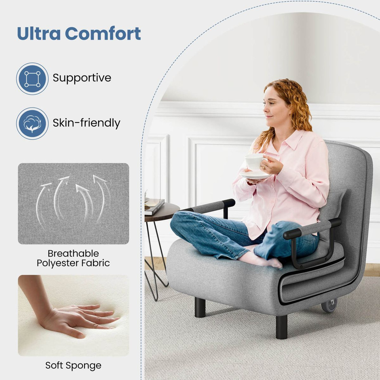 Convertible Foldout Reclining Arm Chair with Wheels product image