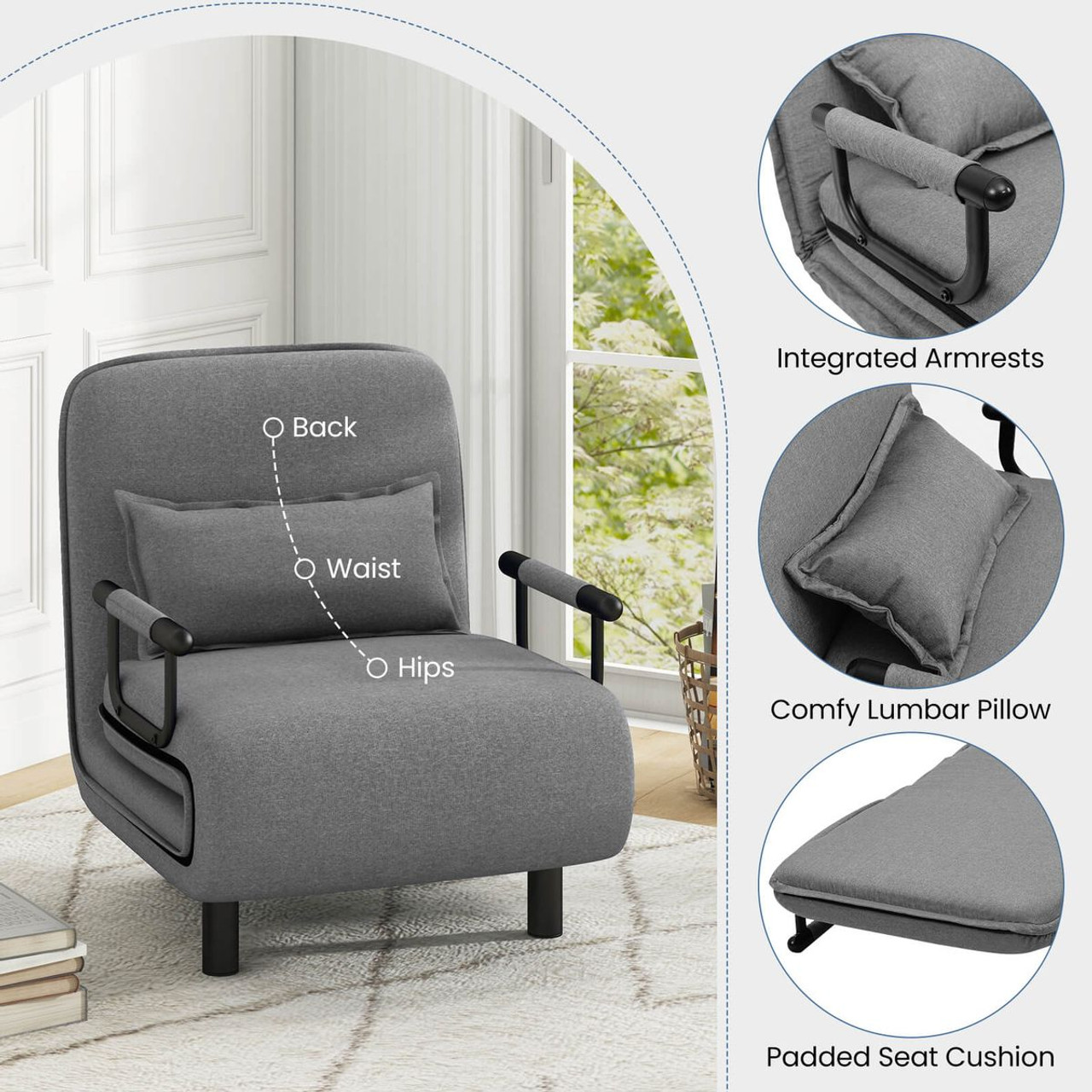 Convertible Foldout Reclining Arm Chair with Wheels product image