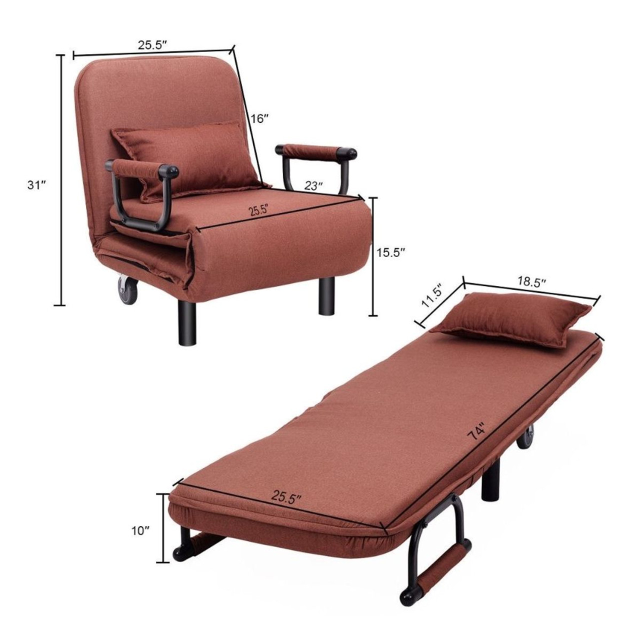 Convertible Foldout Reclining Arm Chair with Wheels product image