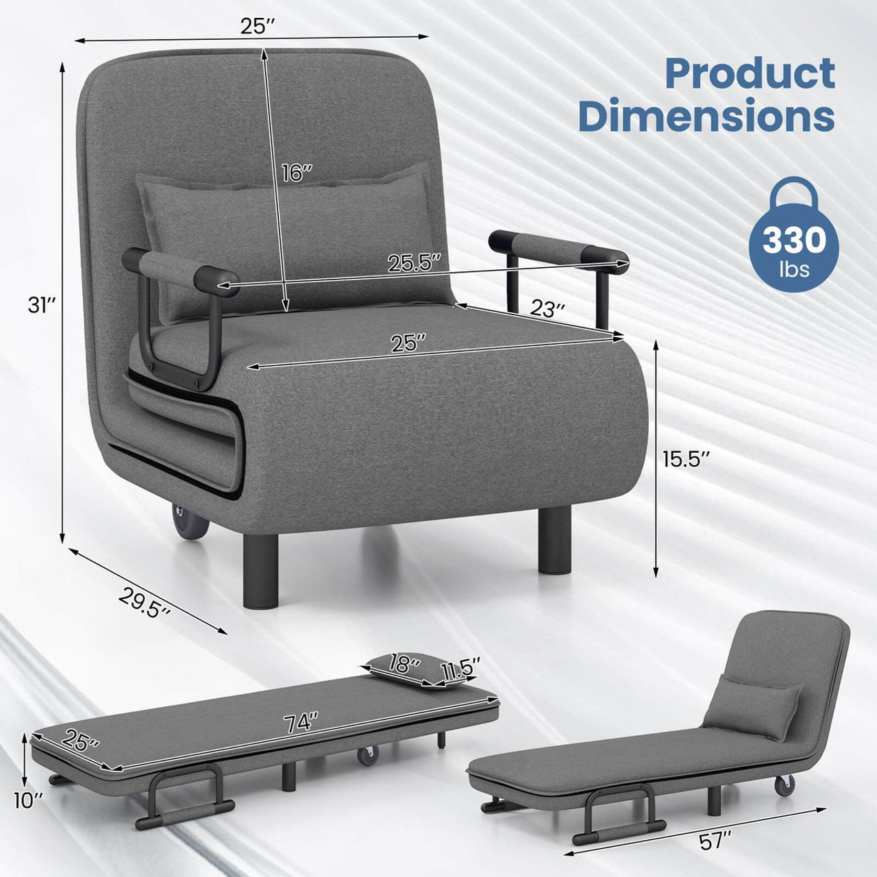 Convertible Foldout Reclining Arm Chair with Wheels product image
