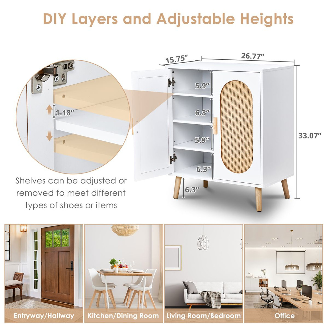 2-Door Rattan Shoe Organizer with Adjustable Shelves product image