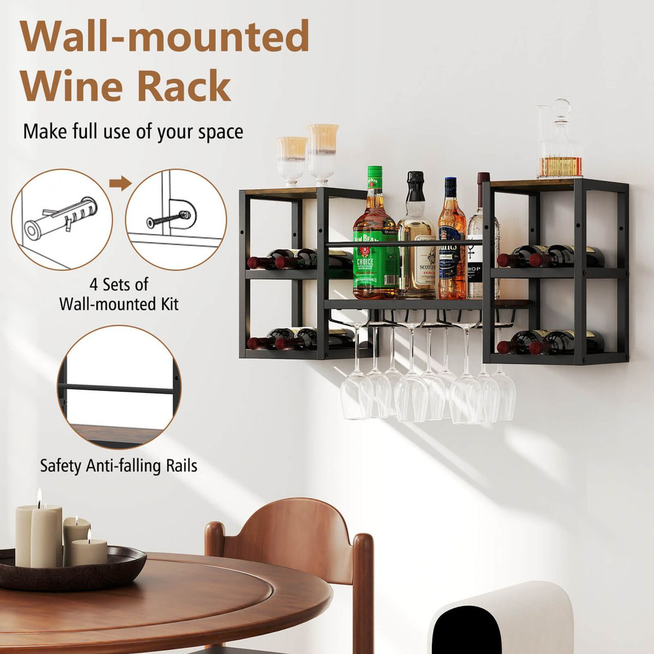 3-Tier Wall Mounted Wine Rack with Glasses Holder product image