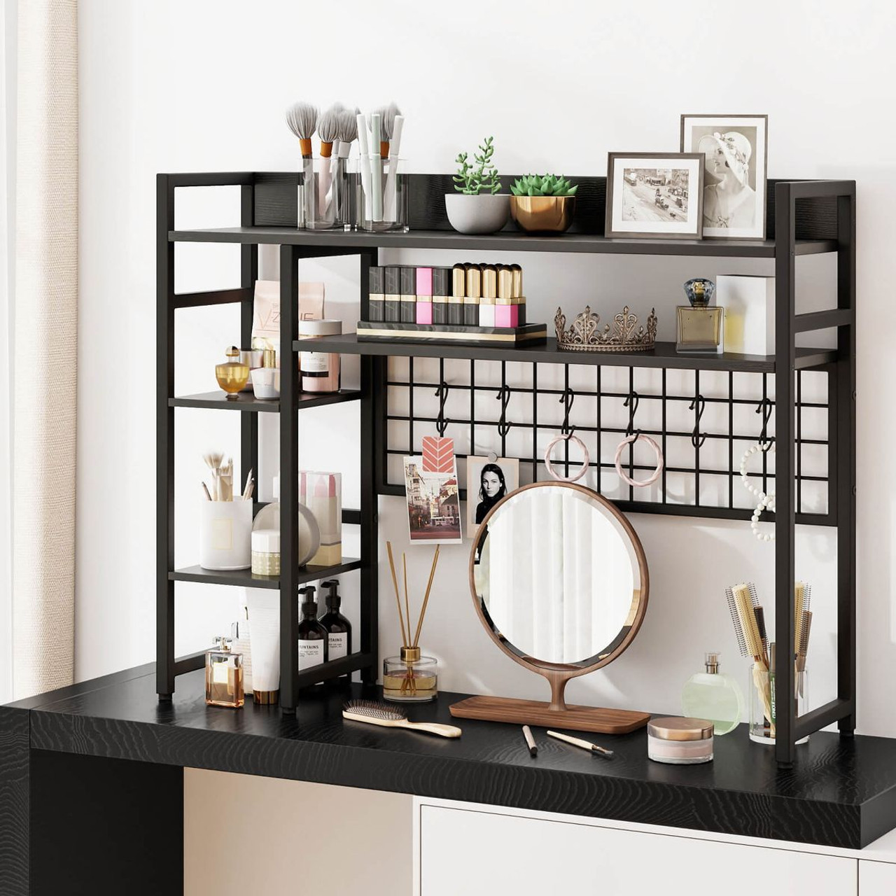 4-Tier Display Shelf with Metal Grid Panel and 6 Hooks product image
