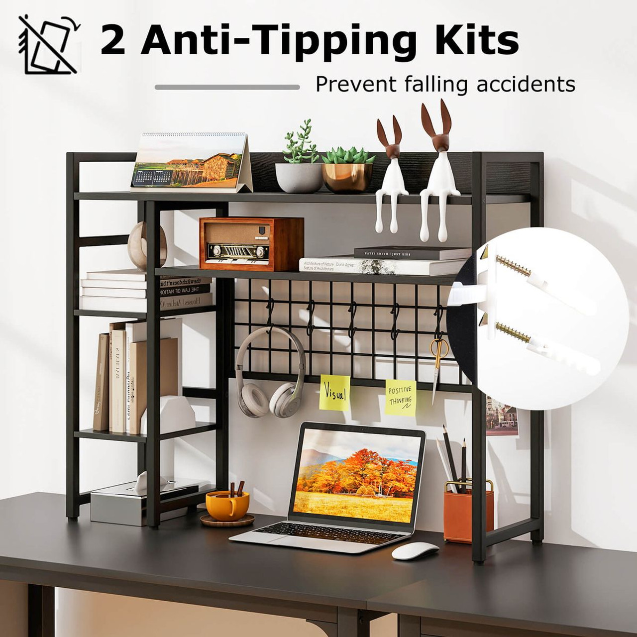 4-Tier Display Shelf with Metal Grid Panel and 6 Hooks product image