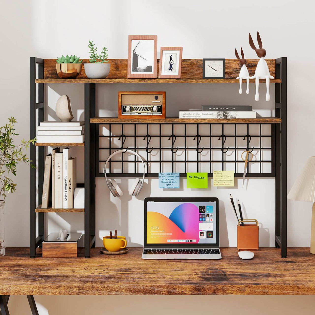 4-Tier Display Shelf with Metal Grid Panel and 6 Hooks product image