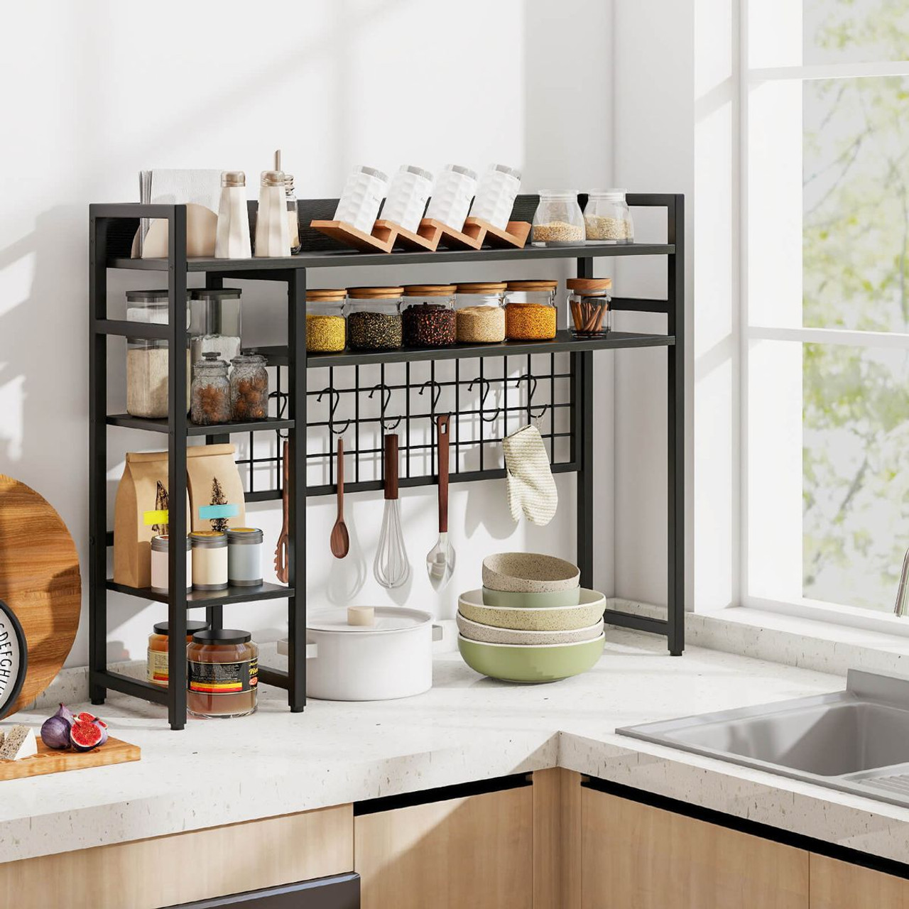 4-Tier Display Shelf with Metal Grid Panel and 6 Hooks product image