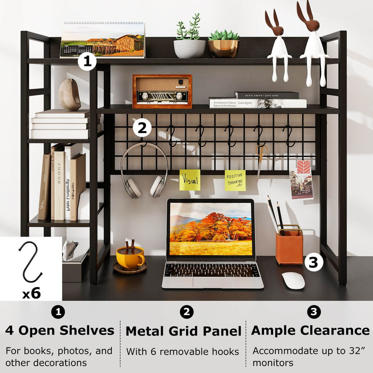 4-Tier Display Shelf with Metal Grid Panel and 6 Hooks product image