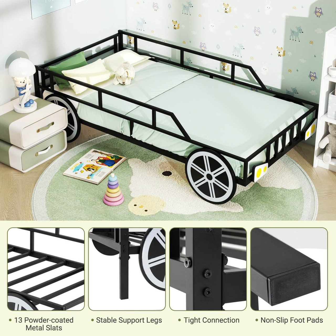 Twin Car-Shaped Metal Bed Frame with 12" High Guardrails product image