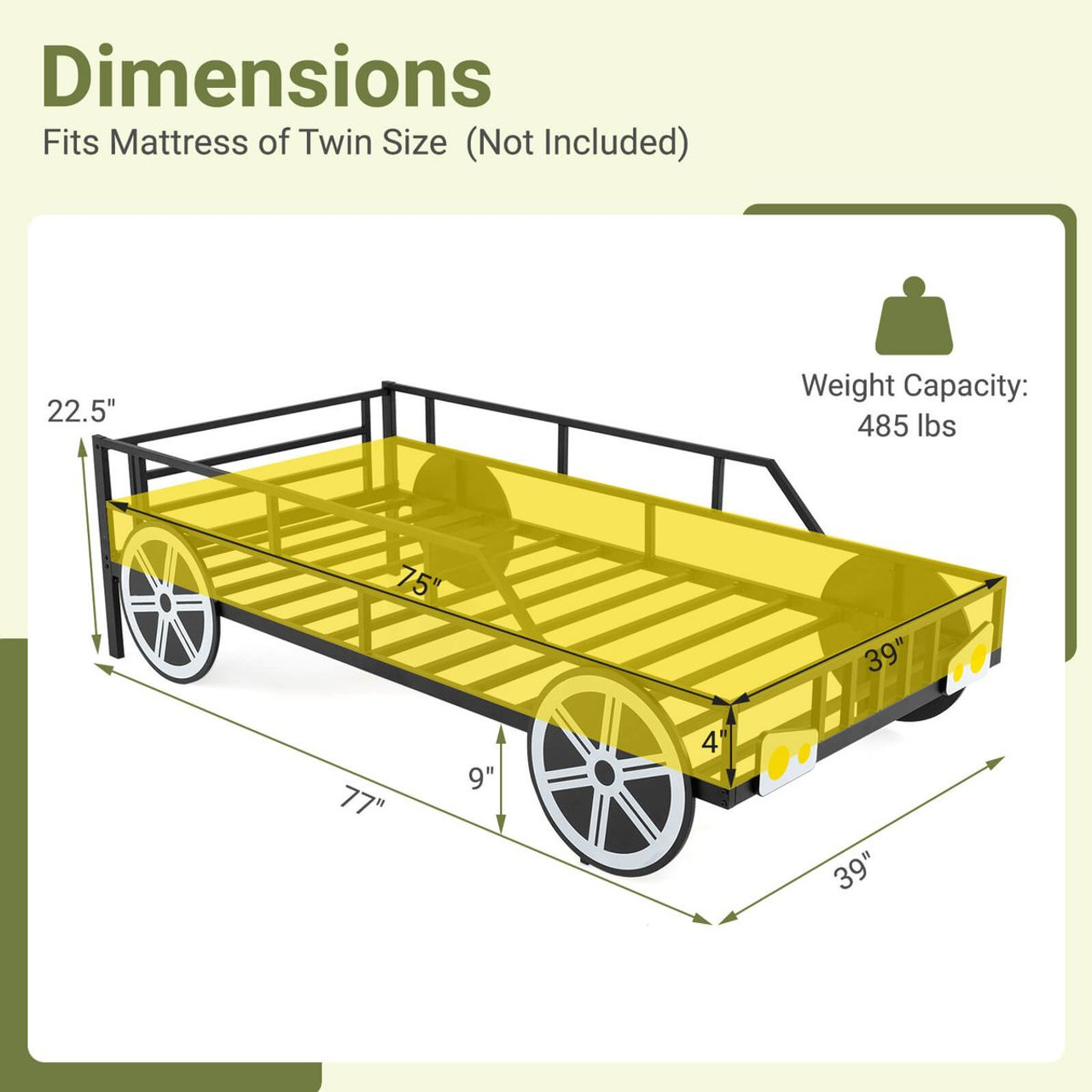 Twin Car-Shaped Metal Bed Frame with 12" High Guardrails product image
