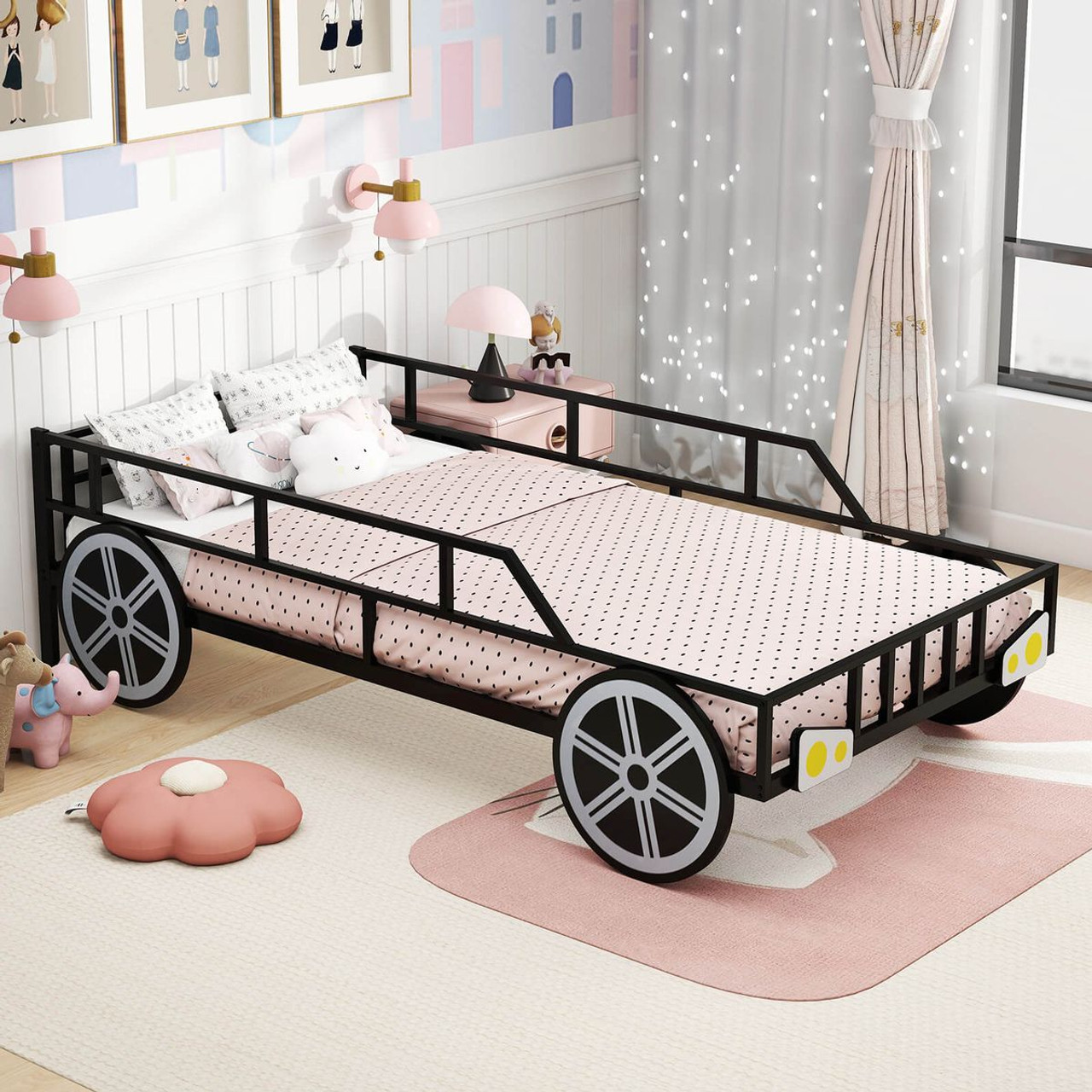 Twin Car-Shaped Metal Bed Frame with 12" High Guardrails product image