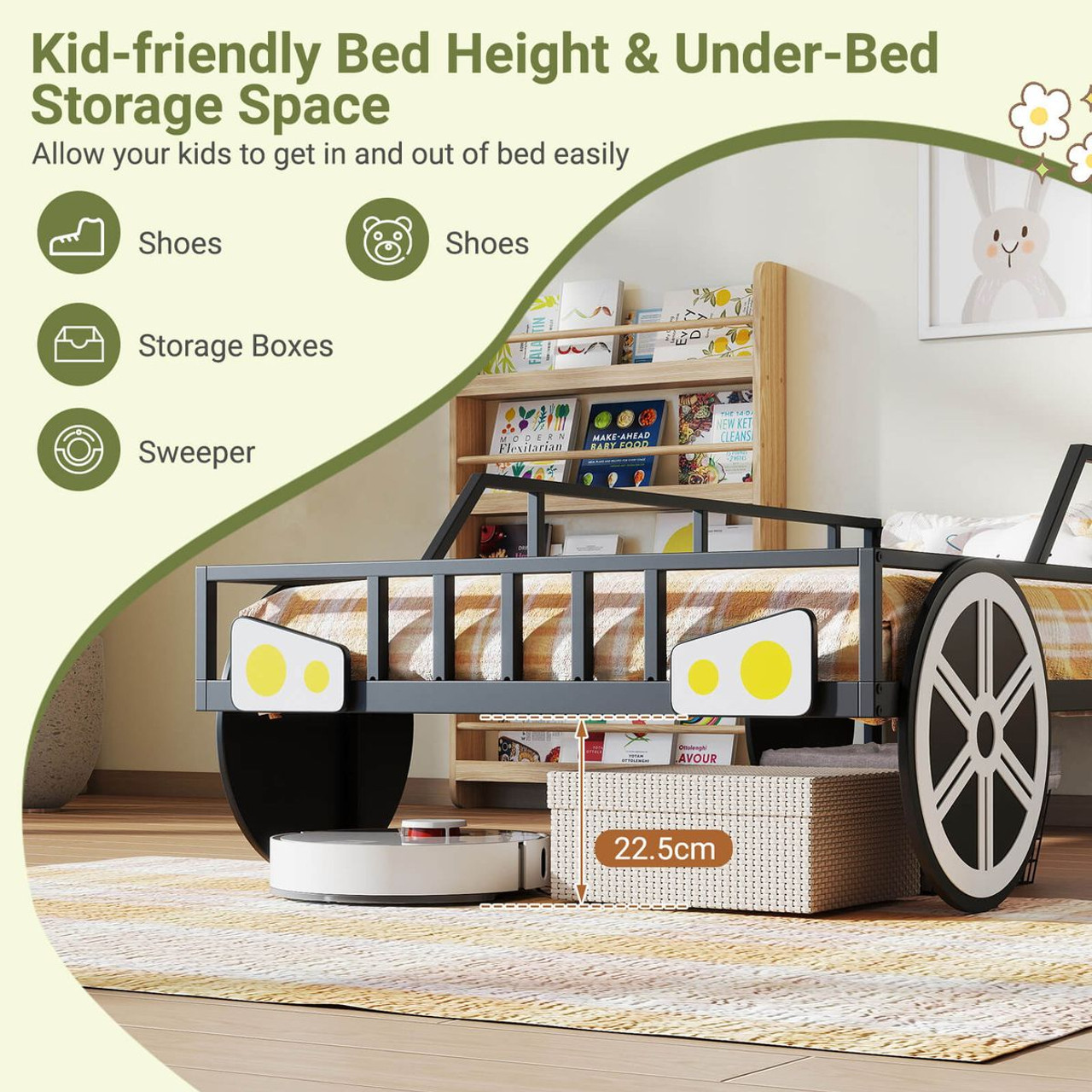 Twin Car-Shaped Metal Bed Frame with 12" High Guardrails product image