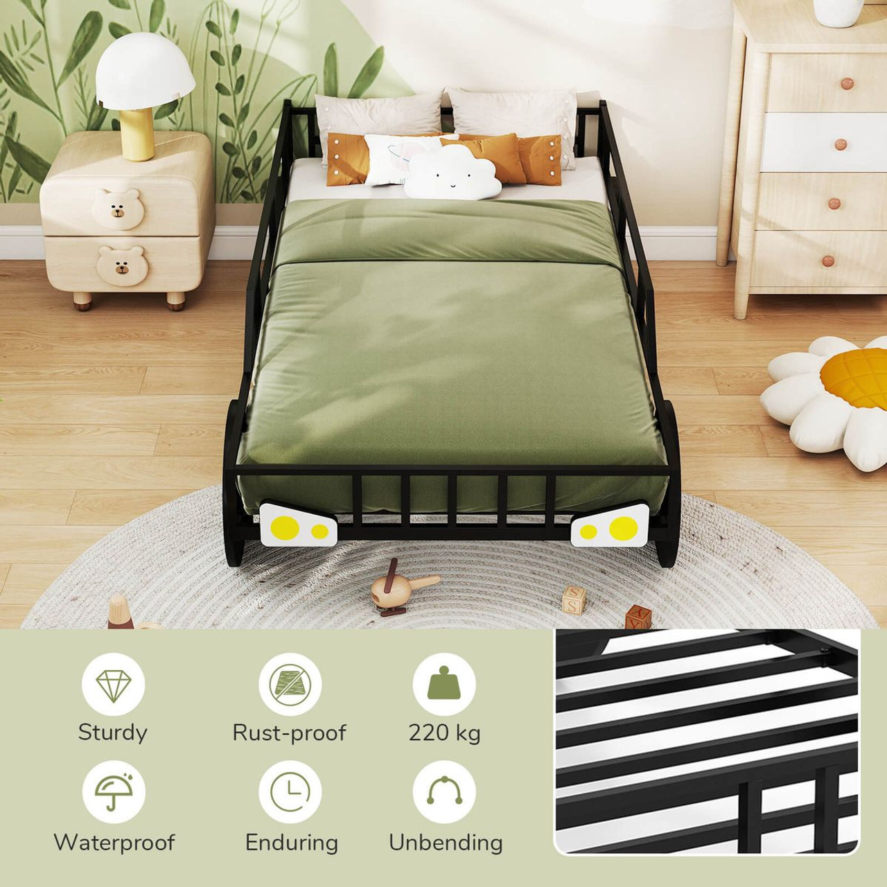 Twin Car-Shaped Metal Bed Frame with 12" High Guardrails product image