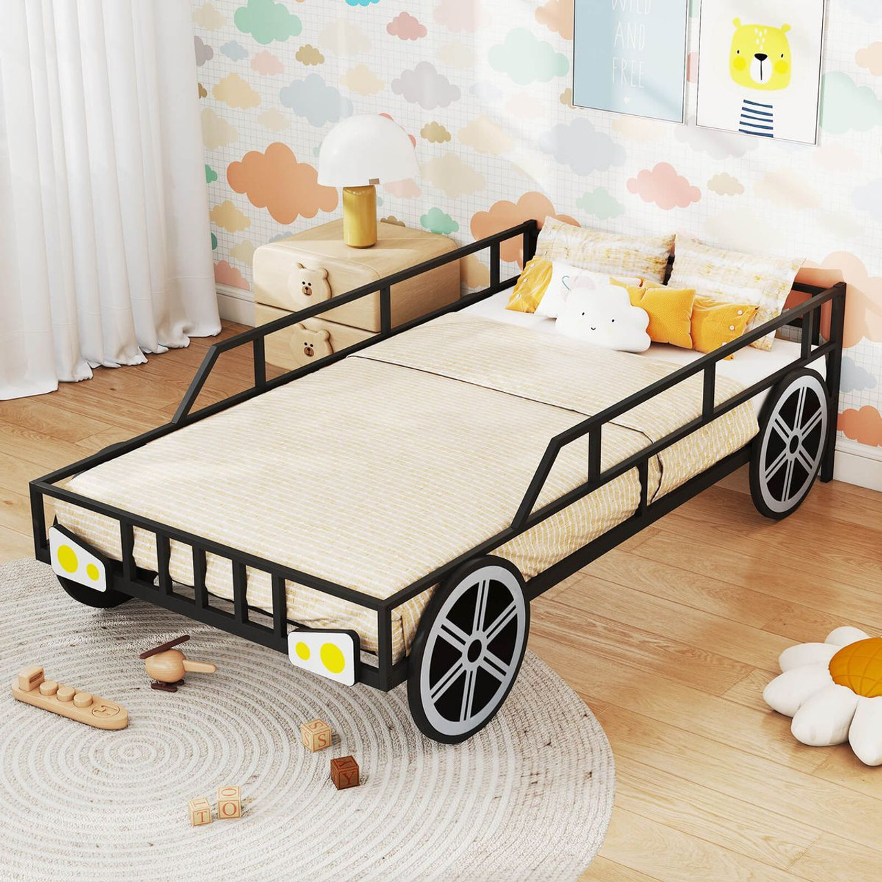 Twin Car-Shaped Metal Bed Frame with 12" High Guardrails product image