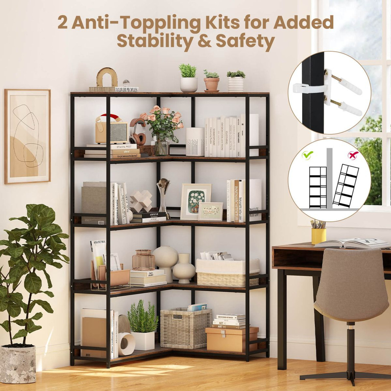 5-Tier 71"  L-Shaped Corner Bookcase with 2 Anti-Toppling Kits product image