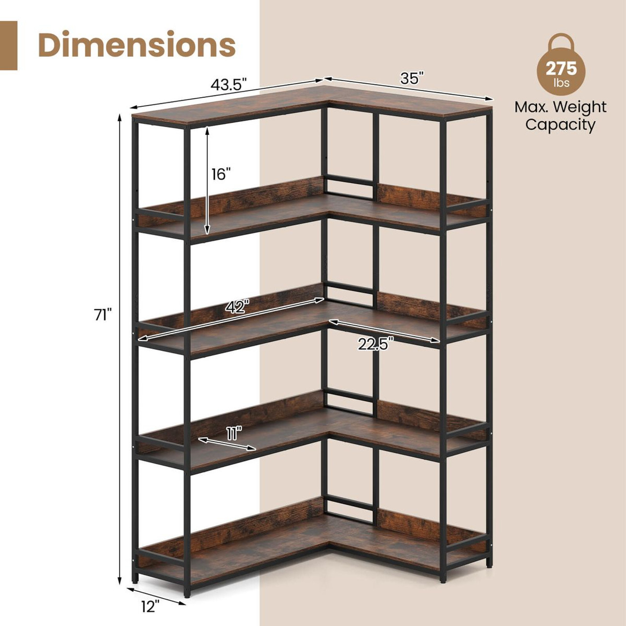 5-Tier 71"  L-Shaped Corner Bookcase with 2 Anti-Toppling Kits product image