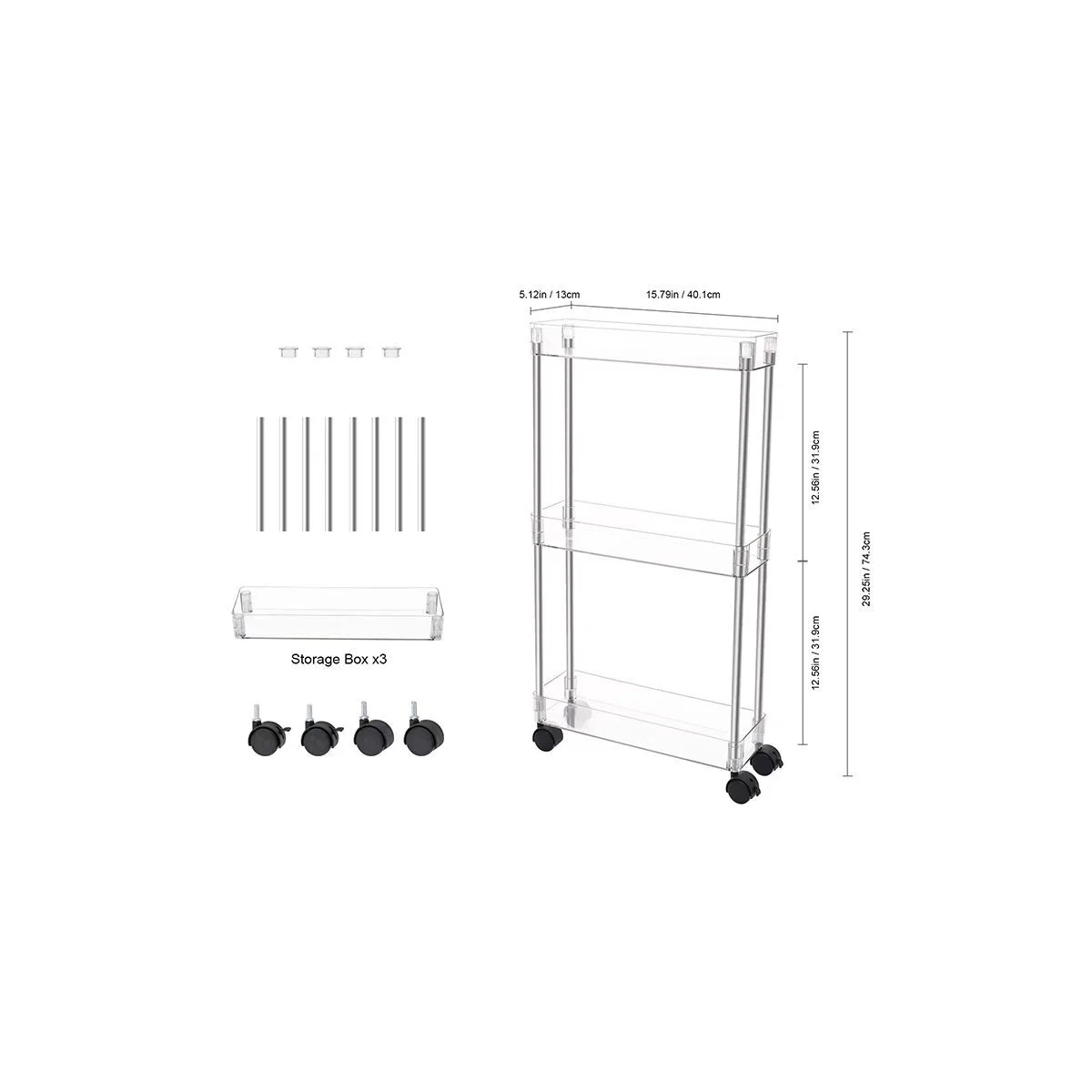 3-Tier Acrylic Rolling Cart with Wheels and Lockable Casters product image