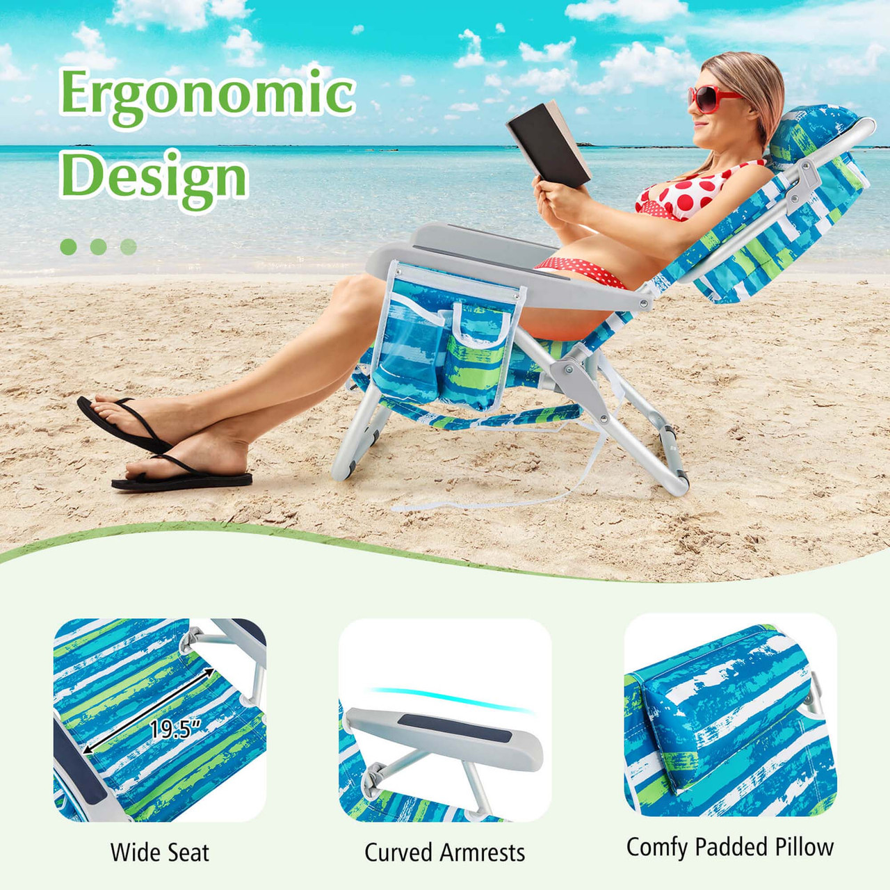 Foldable Backpack Beach Chair with Cup Holder & Storage Pockets (1 or 2-Pack) product image
