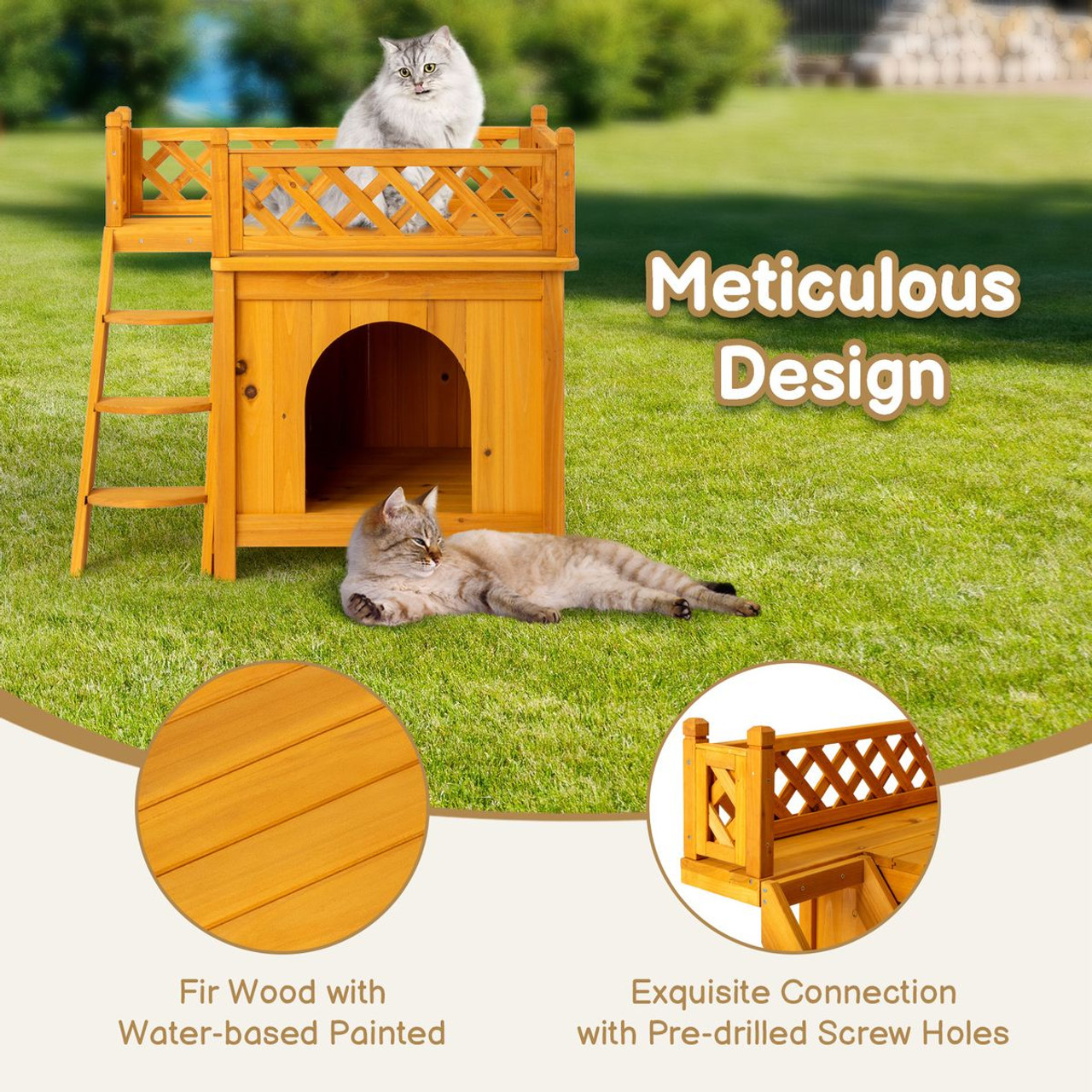 2-Story Wooden Outdoor Cat House with Balcony product image
