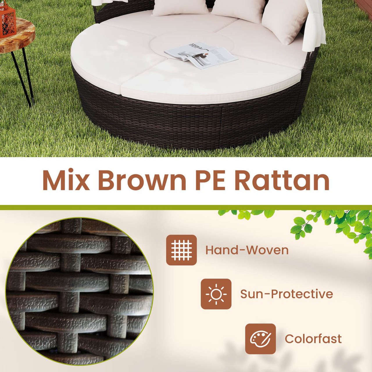Round Patio Daybed with Retractable Canopy and Adjustable Footpads product image