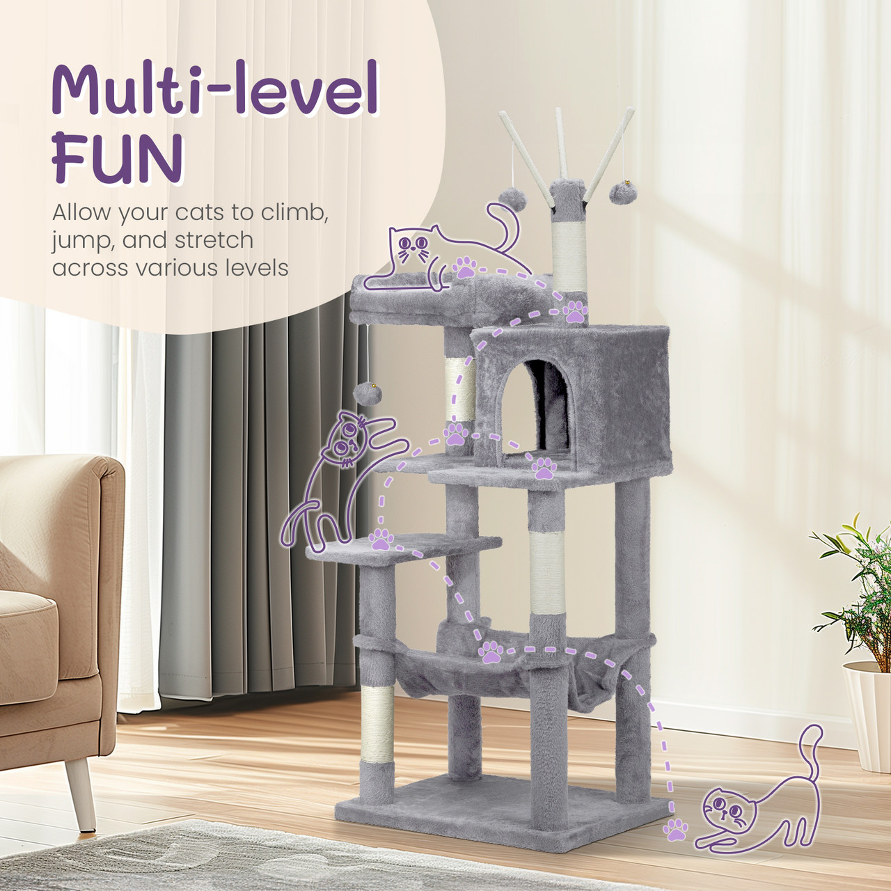 57" Cat Tree Tower with Padded Platform Bed and Sisal Scratching Posts product image